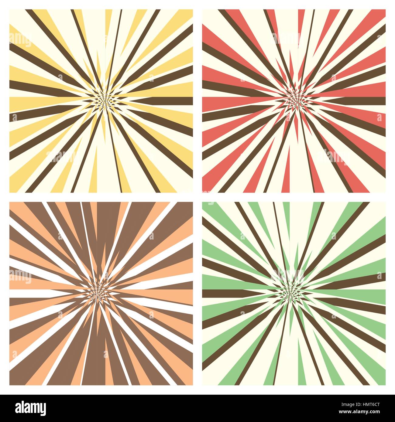 Set of abstract radial sunburst backgrounds. Retro style circular light rays scattered behind. Starburst pattern with radially placed beams. Vector ep Stock Vector