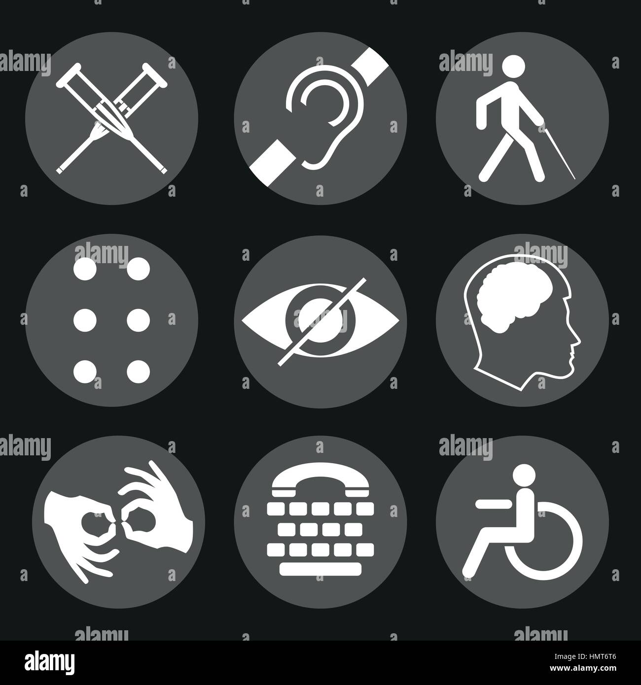 Vector disabled signs with deaf, dumb, mute, blind, braille font