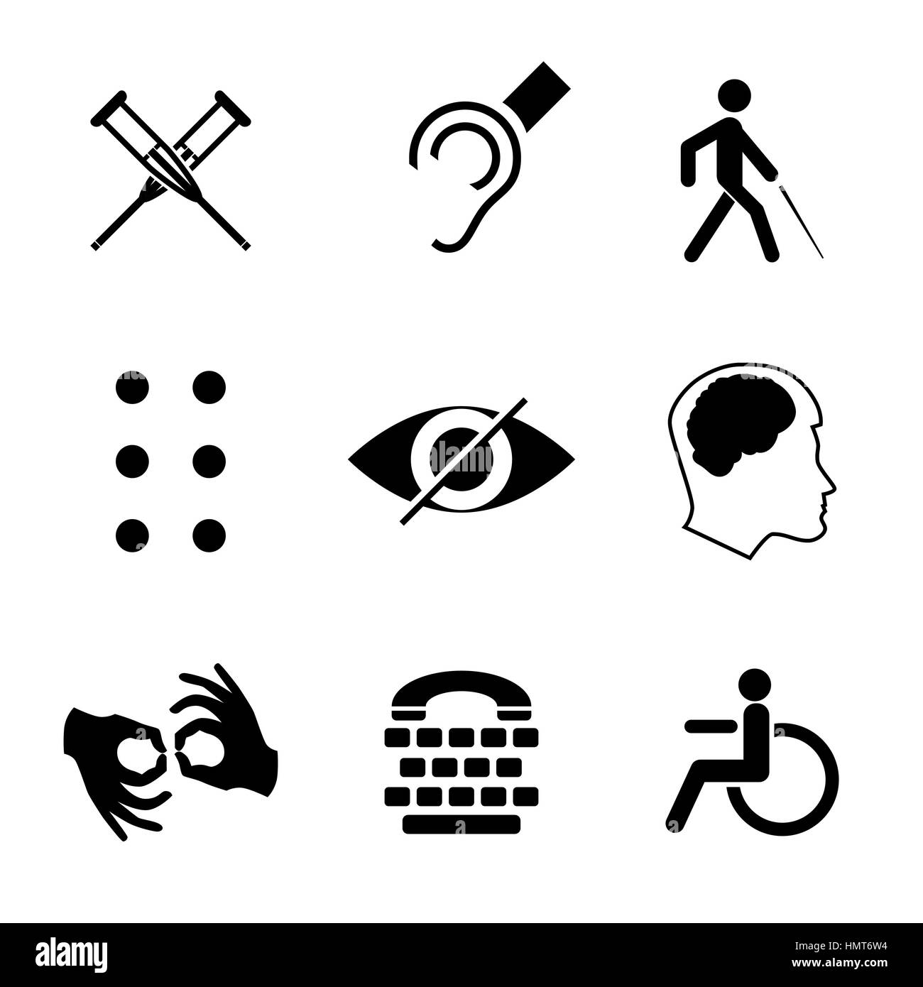 Vector disabled signs with deaf, dumb, mute, blind, braille font