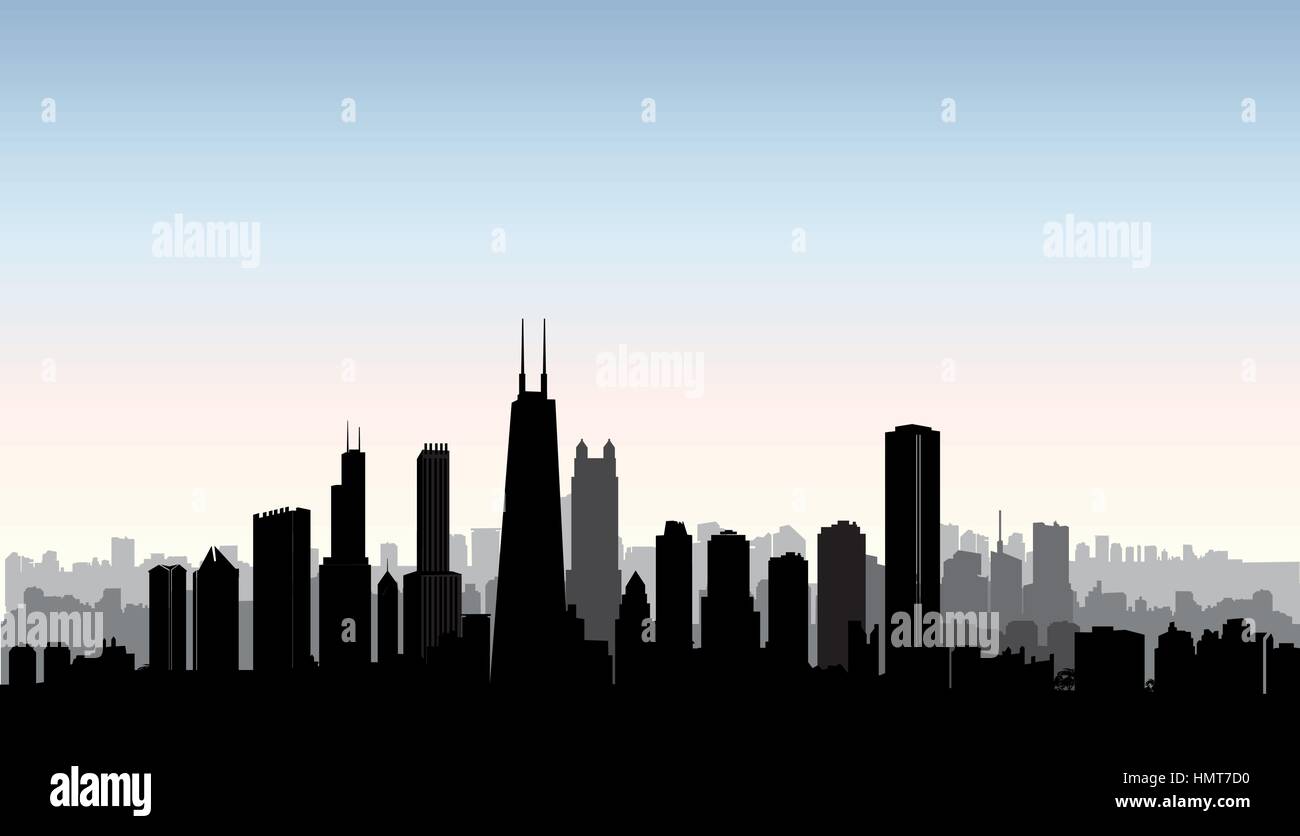 Chicago city buildings silhouette. USA urban landscape. American cityscape with landmarks. Travel USA skyline background. Stock Vector