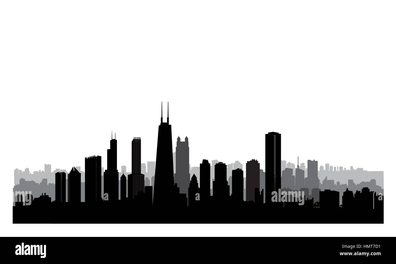 Chicago city buildings silhouette. USA urban landscape. American cityscape with landmarks. Travel USA skyline background. Stock Vector