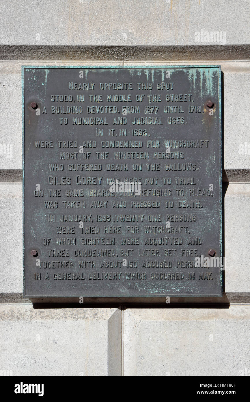 Memorial plaque marking the approximate location of the building where most of the Salem Witch Trials of 1692 took place, Salem, Ma, United States. Stock Photo