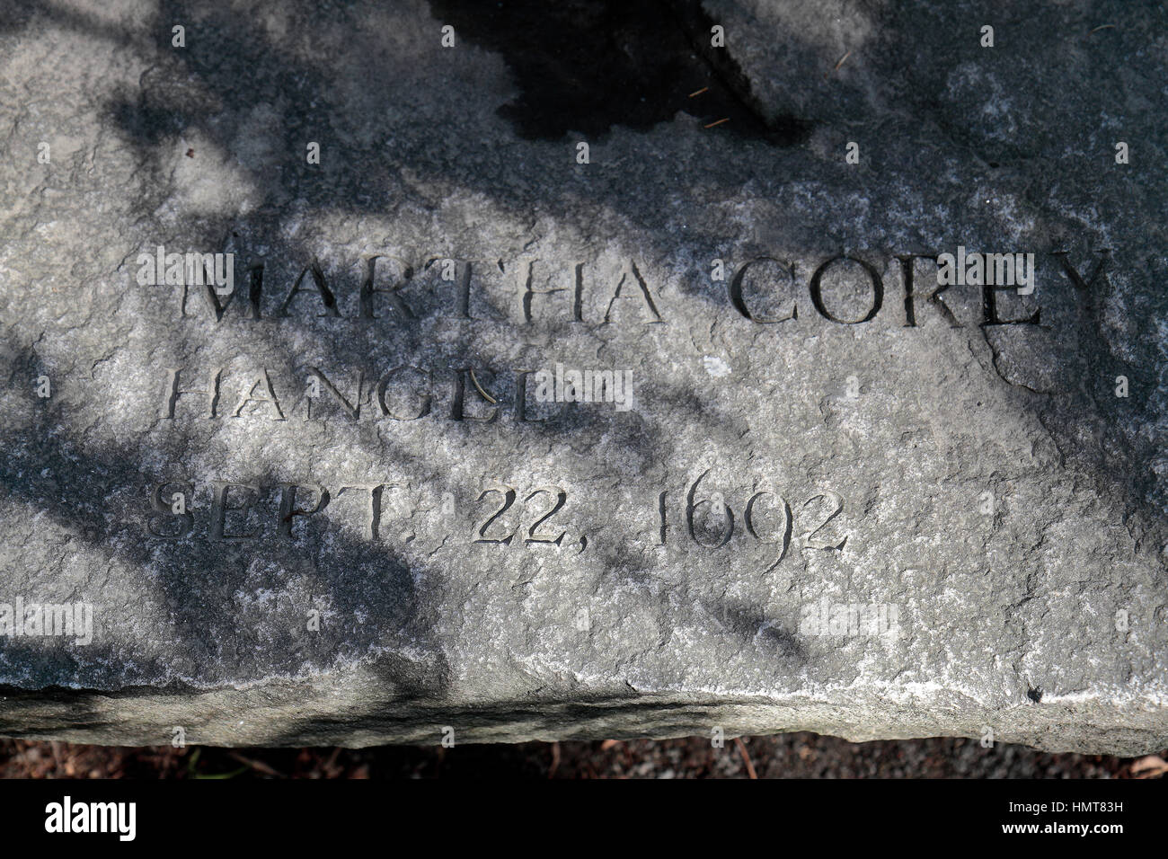The memorial bench for Martha Corey, one victim of the Salem Witch Trials, Salem Witch Trials Memorial, Salem, Massachusetts, United States. Stock Photo
