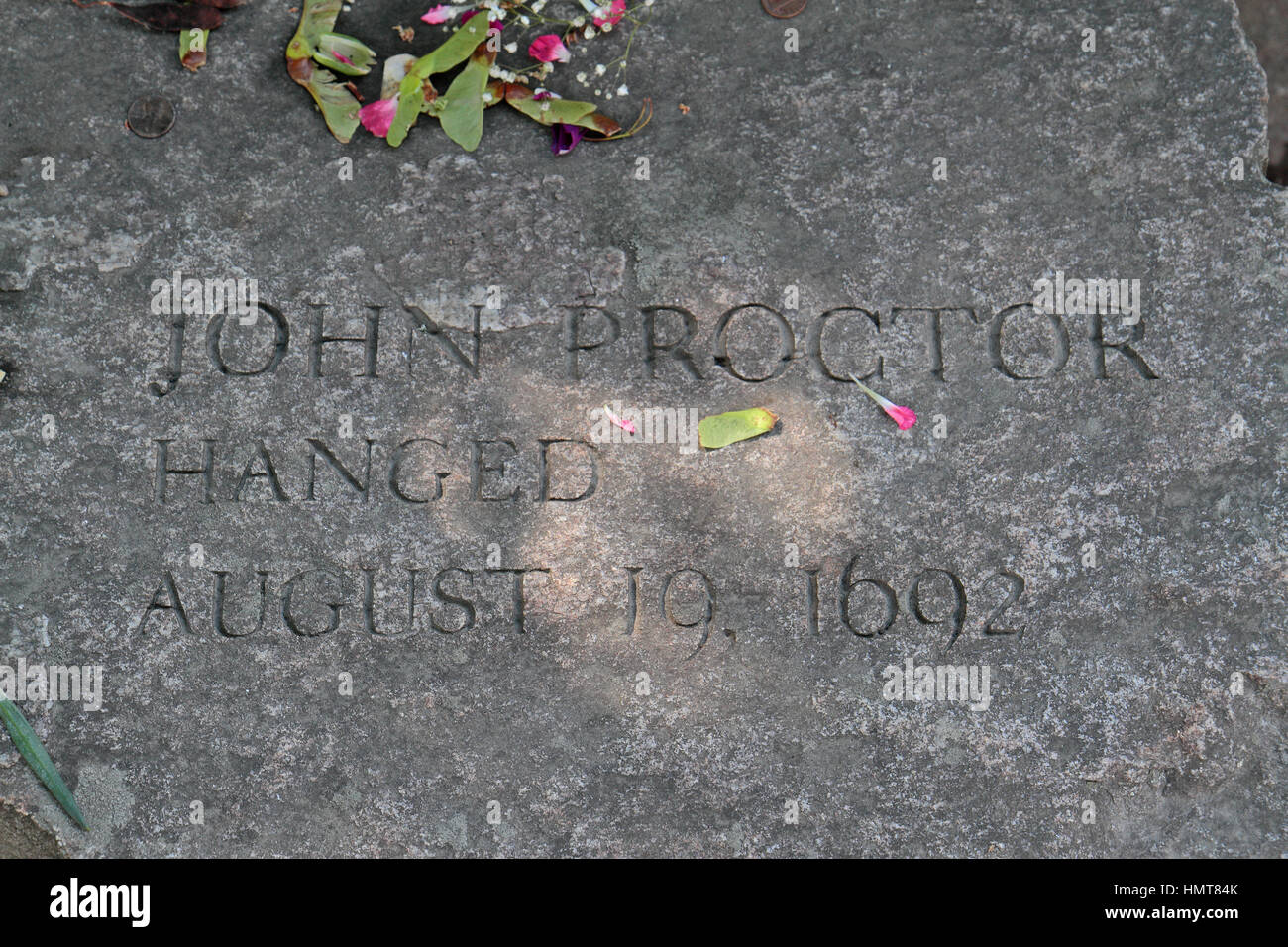 The memorial bench for John Proctor, one victim of the Salem Witch Trials, Salem Witch Trials Memorial, Salem, Massachusetts, United States. Stock Photo