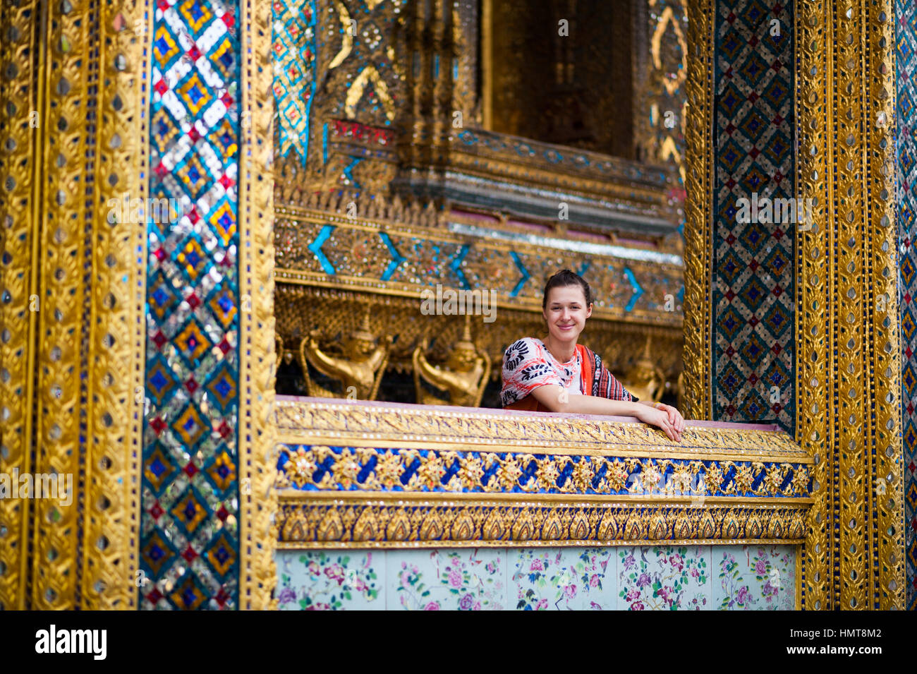 Caucasian female in Grand Palace, Bangkok Stock Photo