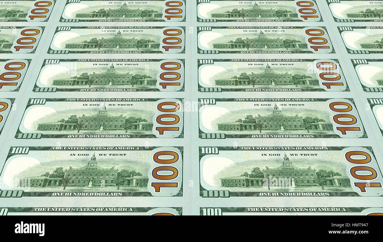 Reverse side of new one hundred 100 dollar bills moving away to