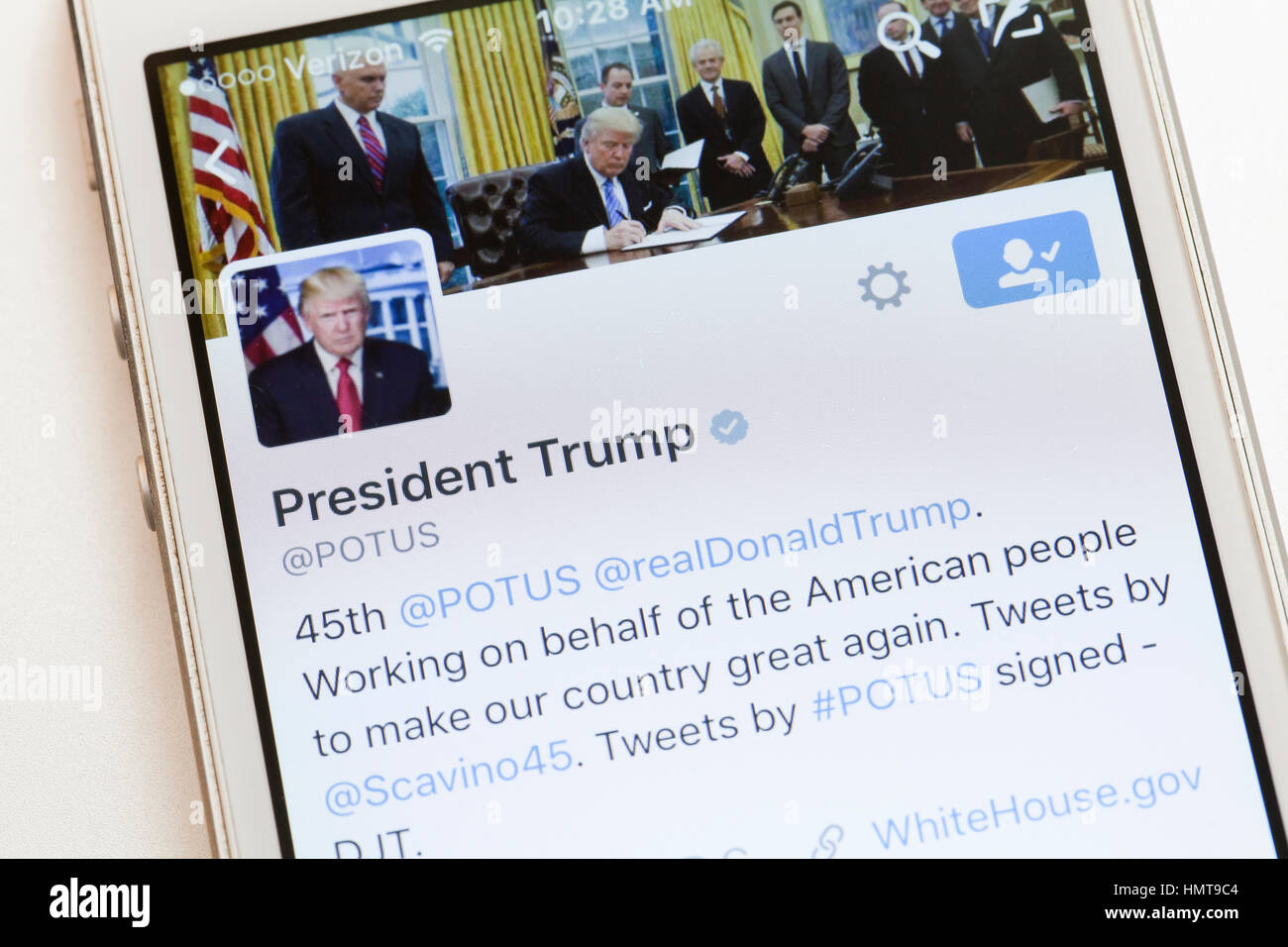 Donald Trump's POTUS twitter account on mobile phone screen - USA Stock Photo