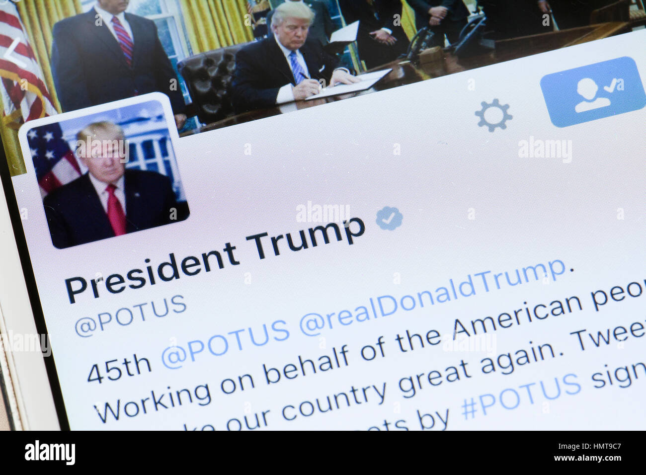 Donald Trump's POTUS twitter account on mobile phone screen - USA Stock Photo
