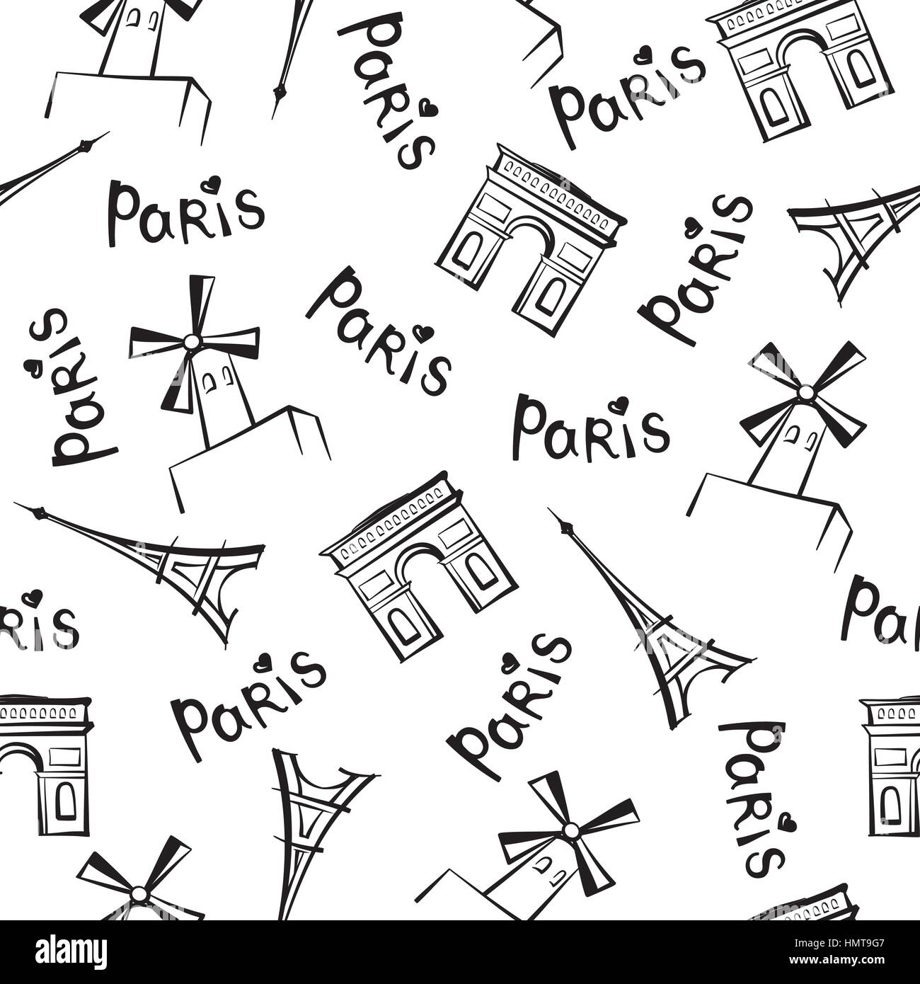 Paris city landmarks and handwritten lettering PARIS seamless pattern. Travel France tile background Stock Vector