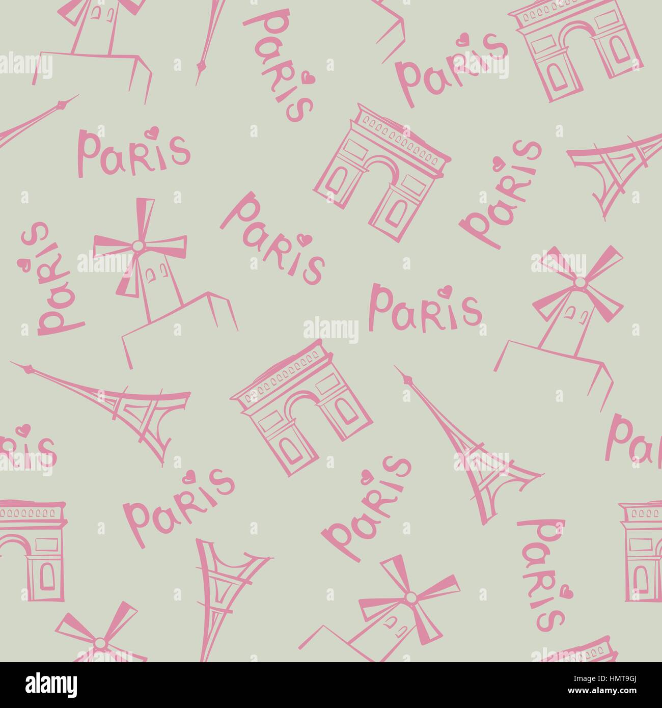 Paris city landmarks and handwritten lettering PARIS seamless pattern. Travel France tile background Stock Vector