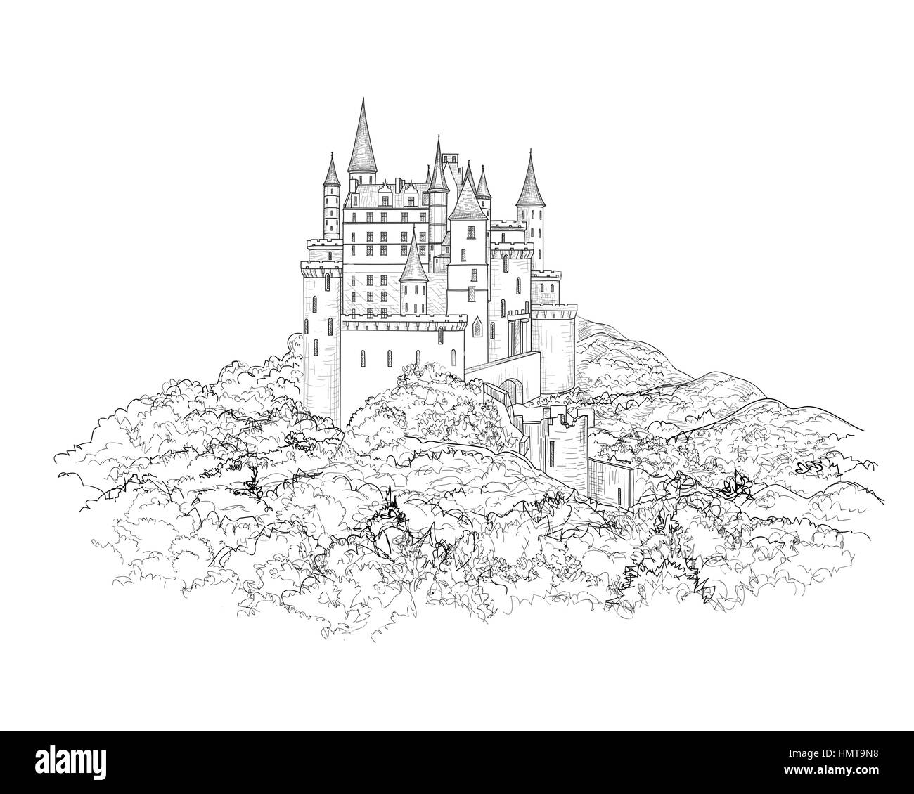 Famous French Castle Landscape. Travel france Background. Castle building on the hill skyline etching. Hand drawn sketch  illustration. Stock Vector