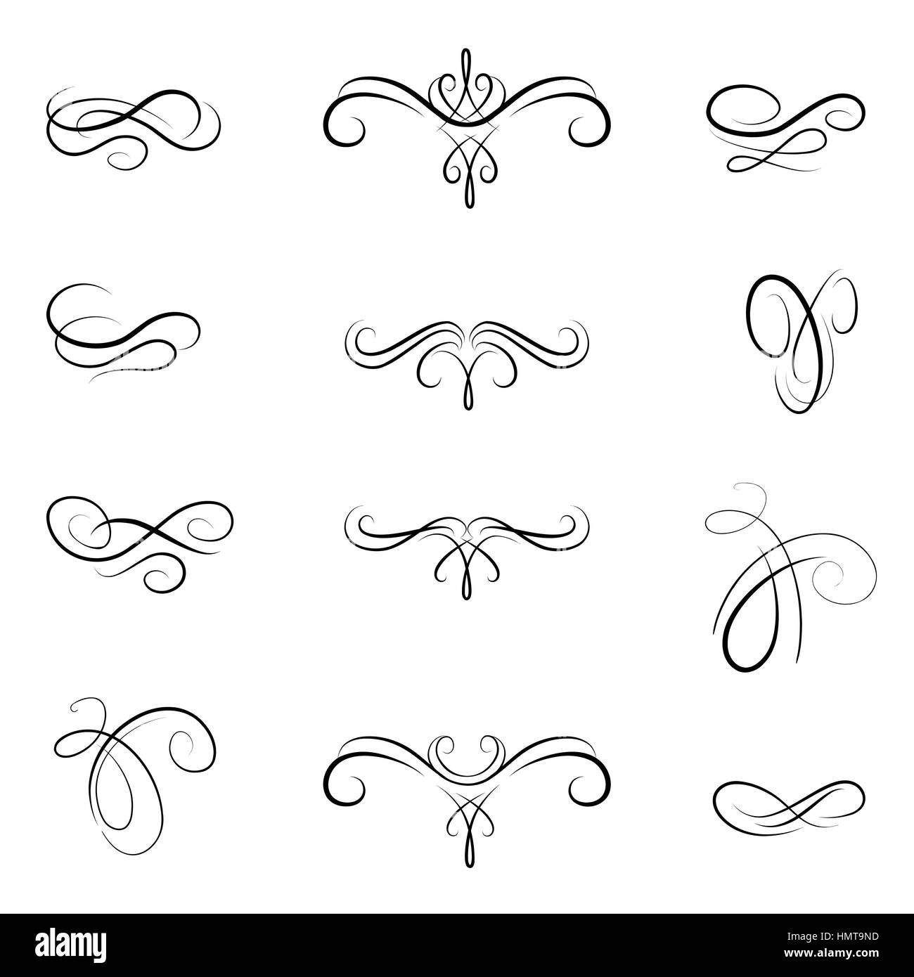 Calligraphic flourish design elements. Page decoration doodle vignette set in retro style. Elegant vintage borders and dividers for greeting card, ret Stock Vector