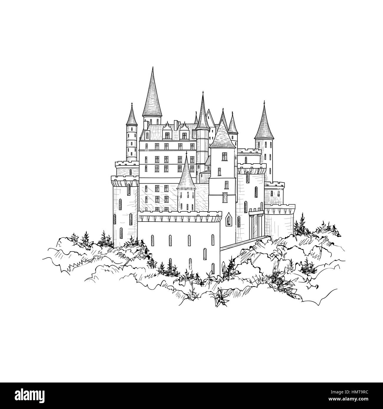 Famous French Castle Landscape. Travel france Background. Castle building on the hill skyline etching. Hand drawn sketch  illustration Stock Vector