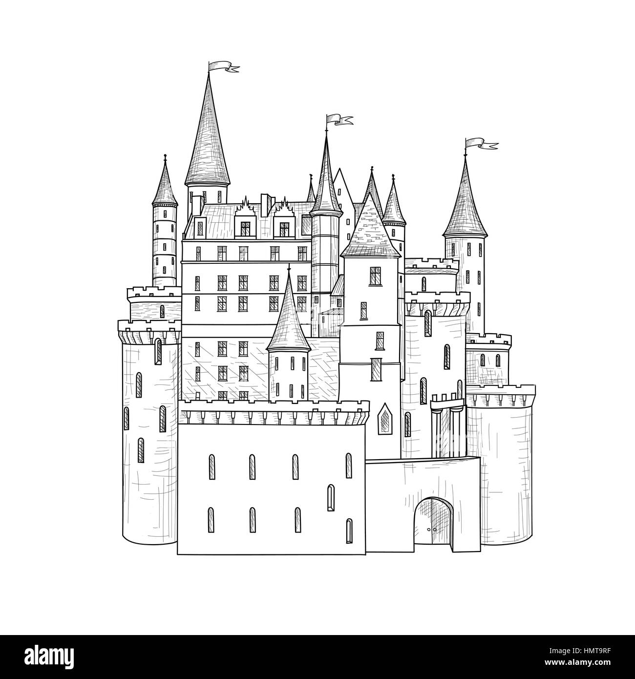 Famous French Castle Landscape. Travel france Background. Castle building on the hill skyline etching. Hand drawn sketch  illustration Stock Vector