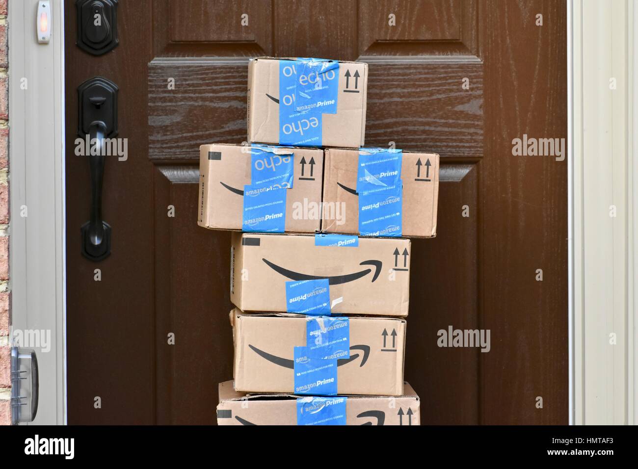 Amazon Prime packages delivered to a residential home Stock Photo