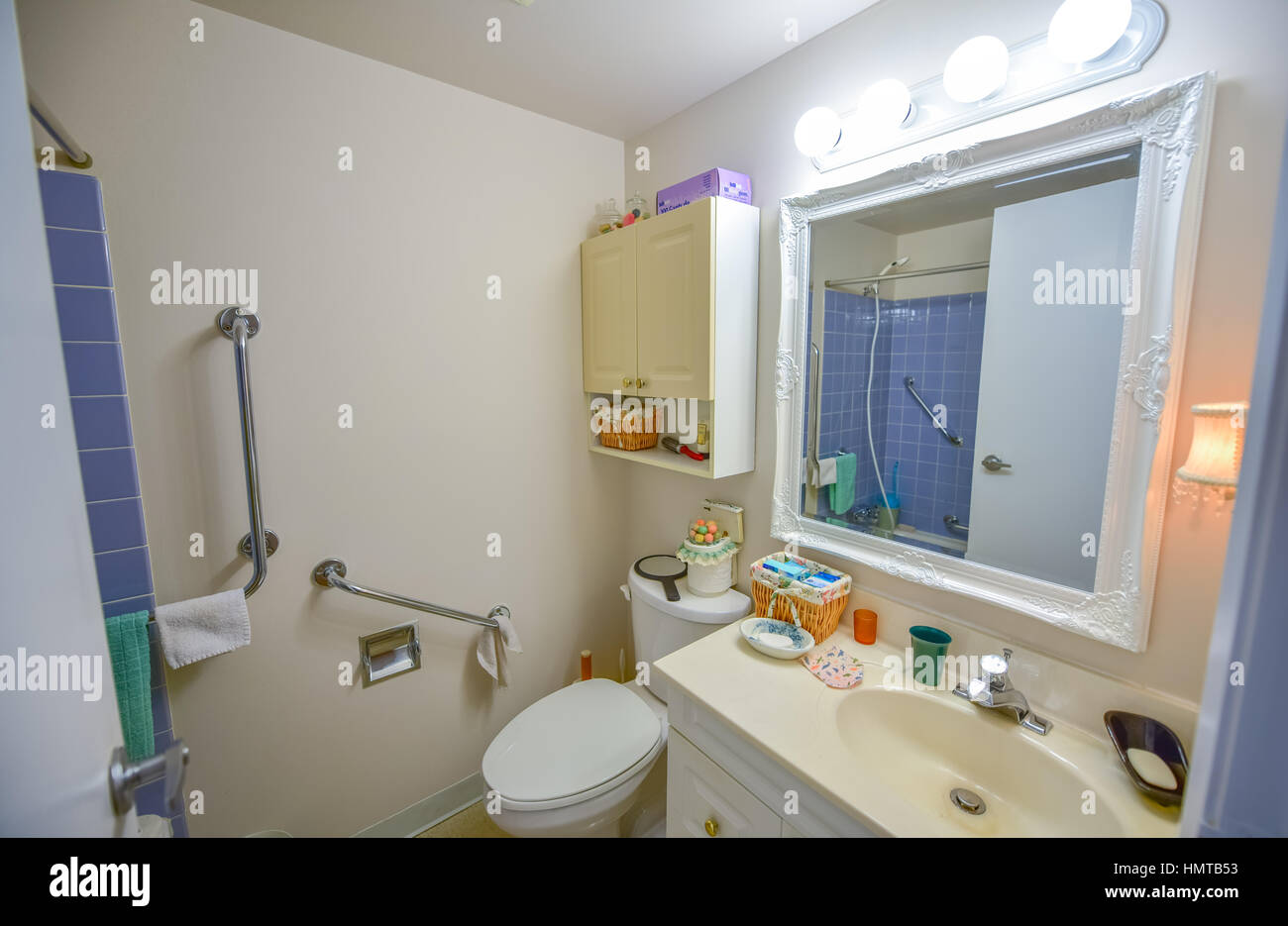 Bright, clean, neat & tidy, decorated senior's bathroom, complete