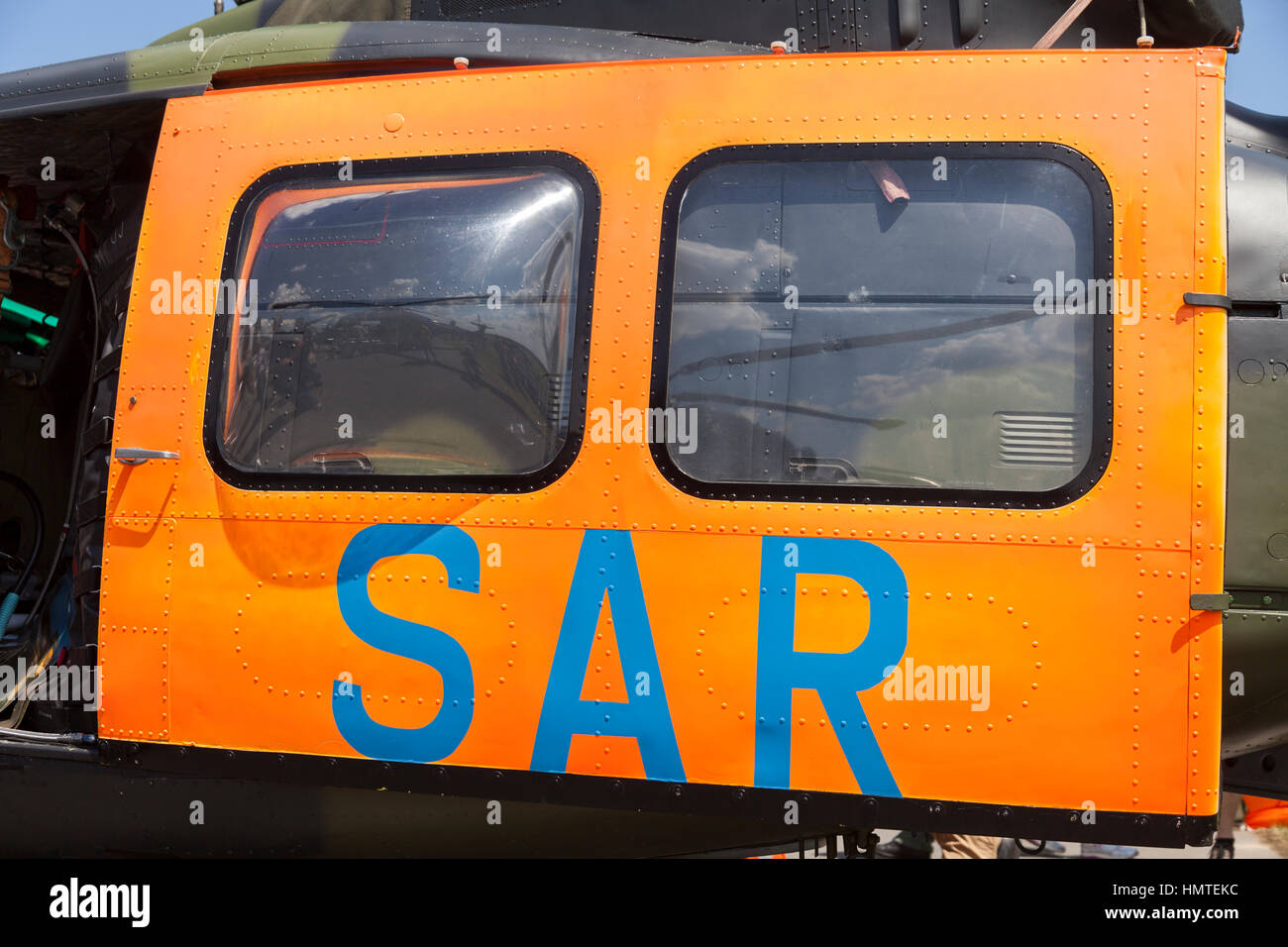 BERLIN / GERMANY - JUNE 3, 2016: SAR ( Search and Rescue ) door from a german army helicopter. SAR is the search for and provision of aid to people wh Stock Photo