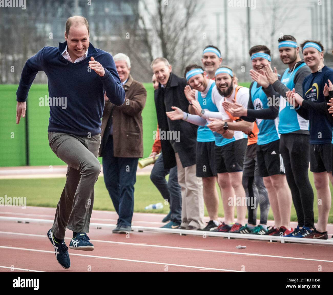 London, UK. 5th February, 2017. The Duke of Cambridge (Prince William) joins a training day at the Queen Elizabeth Olympic Park with the runners taking part in the 2017 London Marathon for Heads Together, the official charity of the year. © Guy Corbishley/Alamy Live News Stock Photo