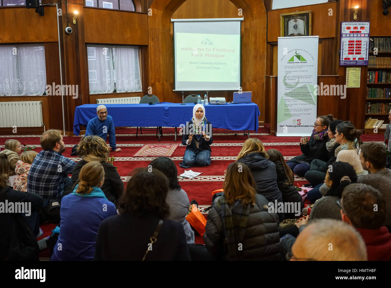 London,England, UK. 5th Feb 2017. Visitors at Finsbury Park Mosque in north London, during a national #VisitMyMosque day organised by the Muslim Council of Britain, where British mosques opened their doors to the general public.  by See Li Stock Photo