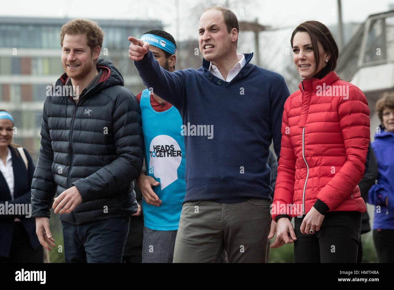 London, UK. 5th February, 2017. The Duke and Duchess of Cambridge and Prince Harry join a training day at the Queen Elizabeth Olympic Park with the runners taking part in the 2017 London Marathon for Heads Together, the official charity of the year. © Guy Corbishley/Alamy Live News Stock Photo