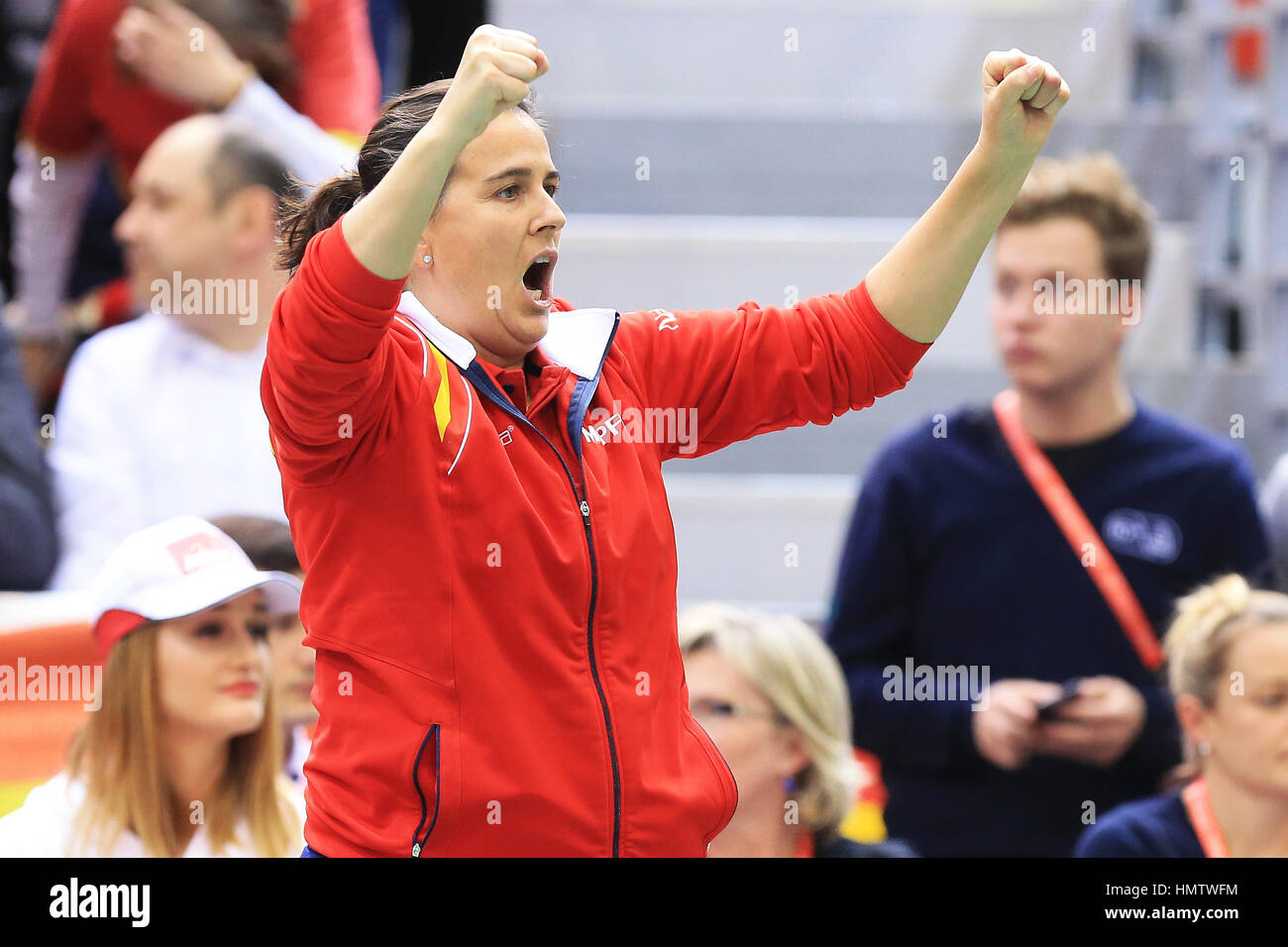 Osijek, Croatia. 5th Feb, 2017. Spain's coach Conchita Martinez cheers during the men's singles match between Roberto Bautista Agut of Spain and Franko Skugor of Croatia at the Davis Cup World Group first round between Croatia and Spain at Gradski vrt Hall in Osijek, Croatia. Credit: Davor Javorovic/Xinhua/Alamy Live News Stock Photo
