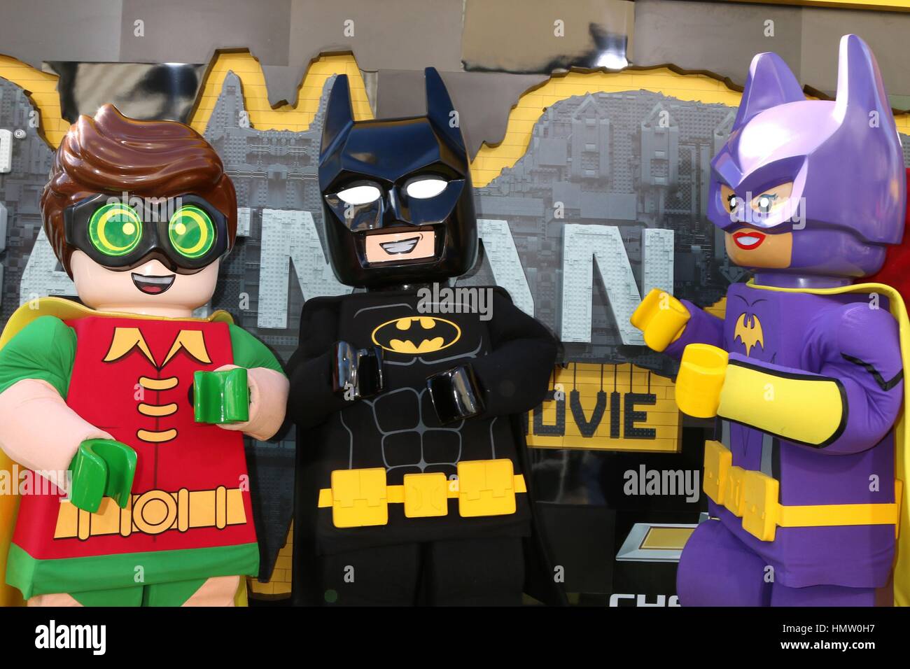 Los Angeles, California, USA. 4th Feb, 2017. Lego Robin, Lego Batman, Lego  Batgirl at arrivals for THE LEGO BATMAN MOVIE Premiere, Regency Westwood  Village Theatre, Los Angeles, CA February 4, 2017. Credit: