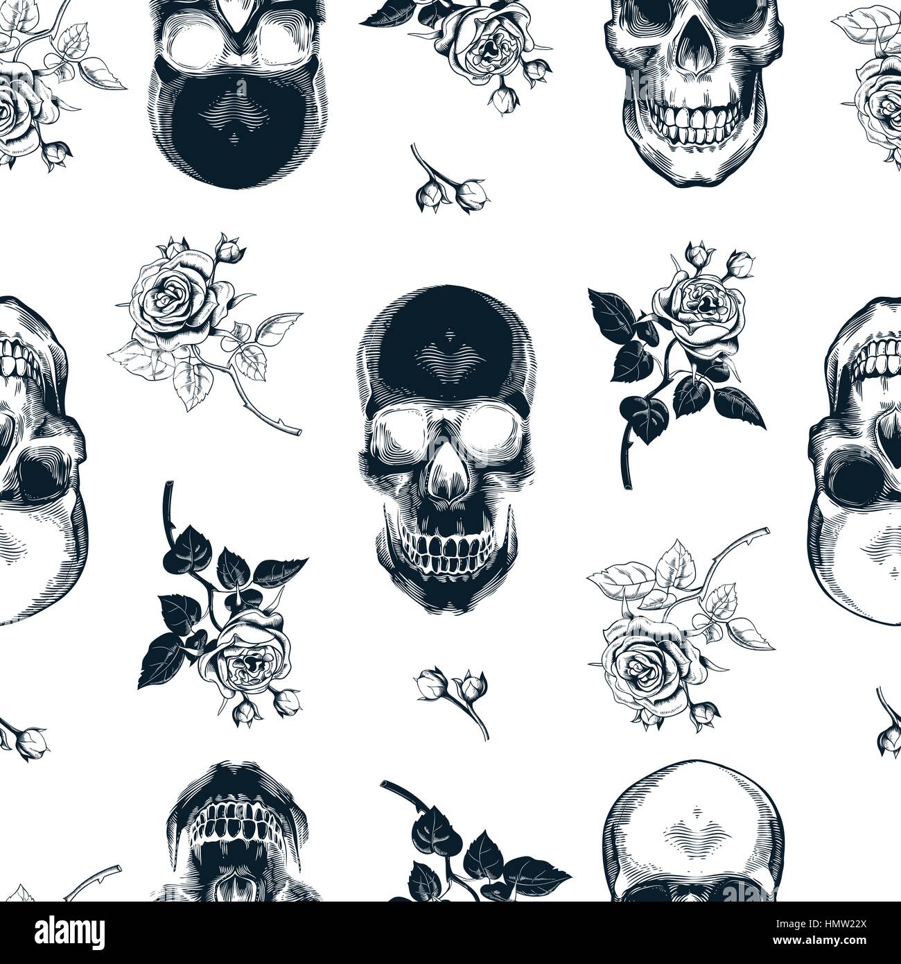 Grunge seamless pattern with monochrome human skulls in woodcut style and black and white wild roses on background. Vector illustration for wallpaper, textile print, wrapping paper Stock Vector