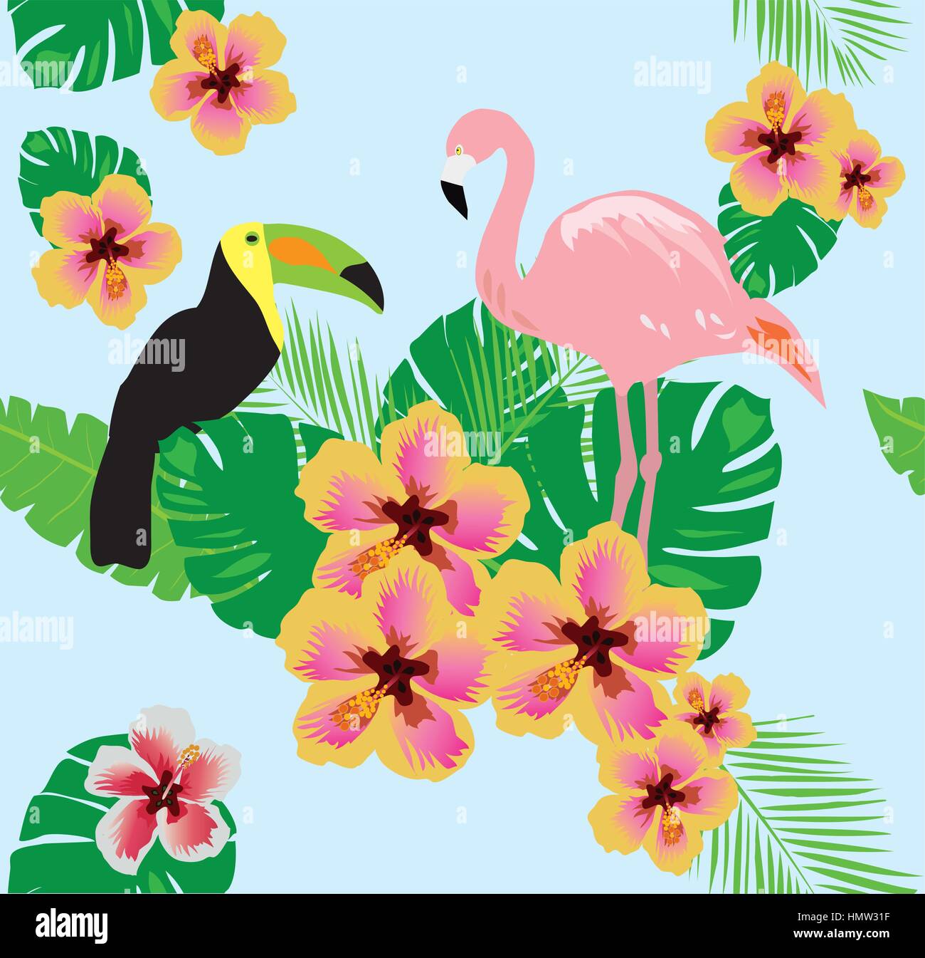 vector illustration of tropical background with birds, flowers Stock ...