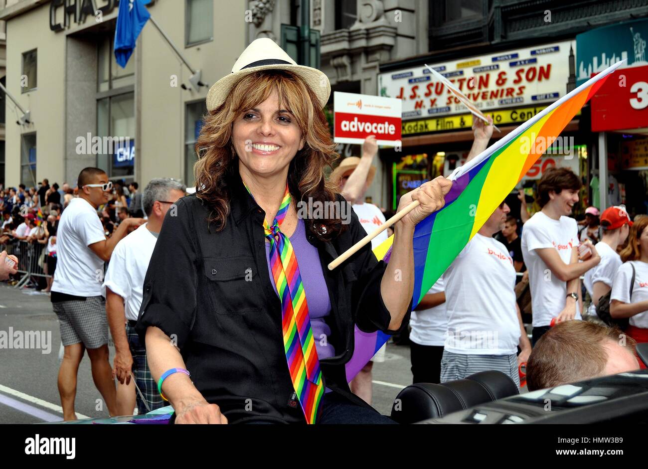 New York City - June 25, 2011:   CNN-TV commentator Jane Velez-Mitchell riding in the GLAAD car at the 2011 Gay Pride Parade on Fifth Avenue Stock Photo