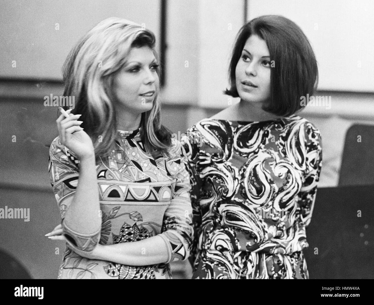 Nancy Sinatra with her sister Tina Sinatra in a recording studio in 1966. Stock Photo