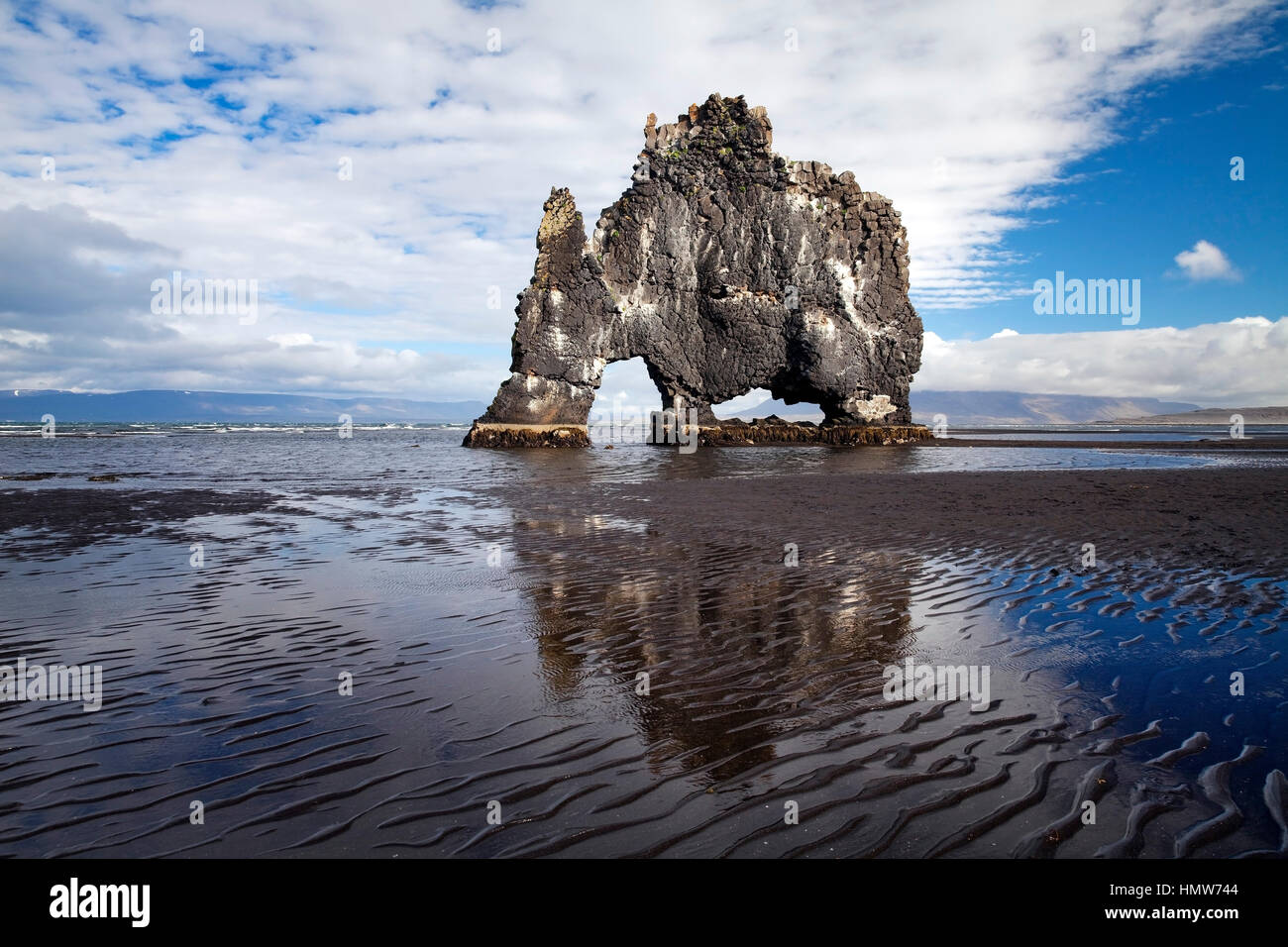 Distinctive basalt rock Hvítserkur at low tide, Hvammstangi, Vatnsnes, North Iceland, Iceland Stock Photo