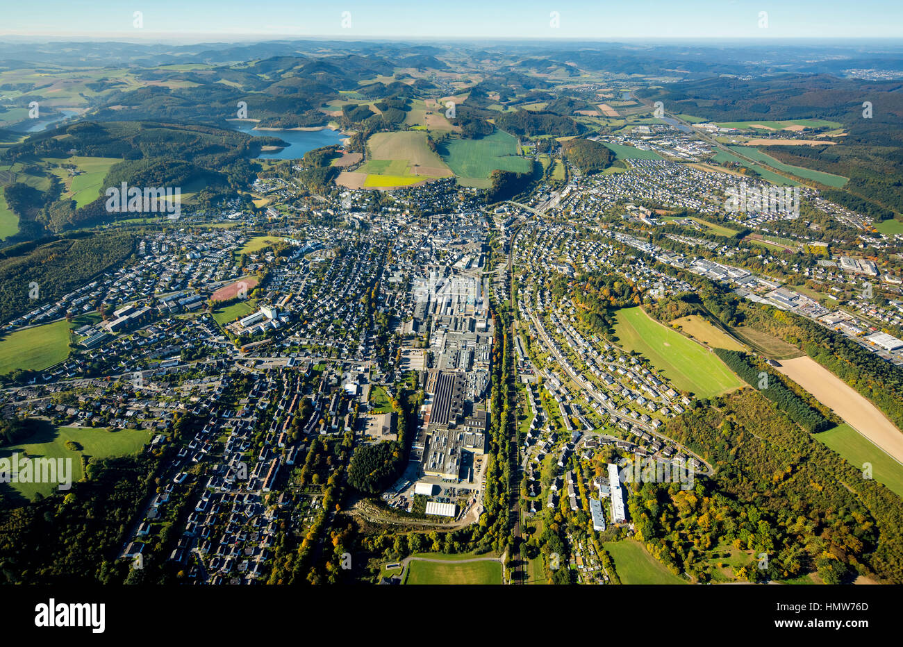 View of Meschede from 1,000 meters above, aerial, Meschede, Sauerland, North Rhine-Westphalia, Germany Stock Photo