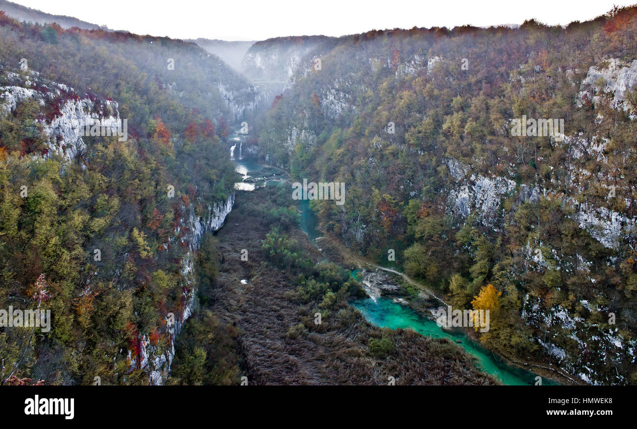 Plitvice lakes national park - early morning autumn view - canyon in fog Stock Photo
