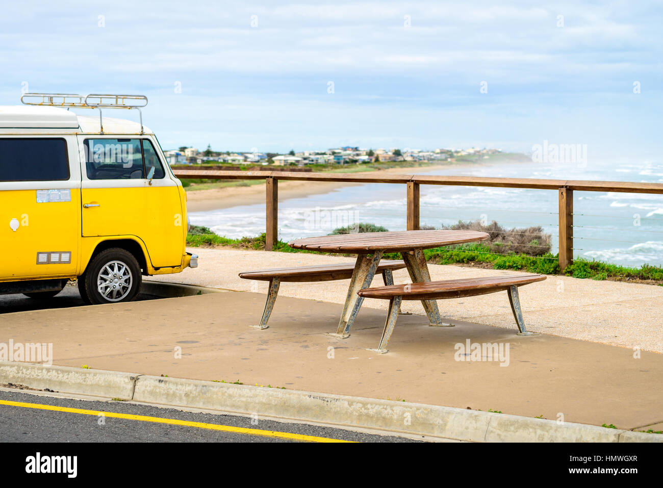 Picnic table at Middleton Beach with spectacular view into the sea Stock Photo