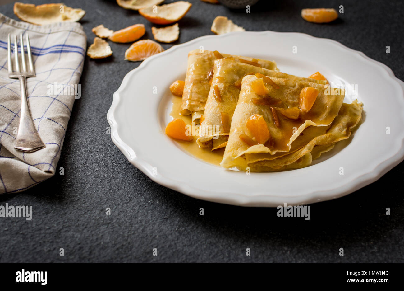 French dessert pancake with oranges and tangerine and caramel Stock