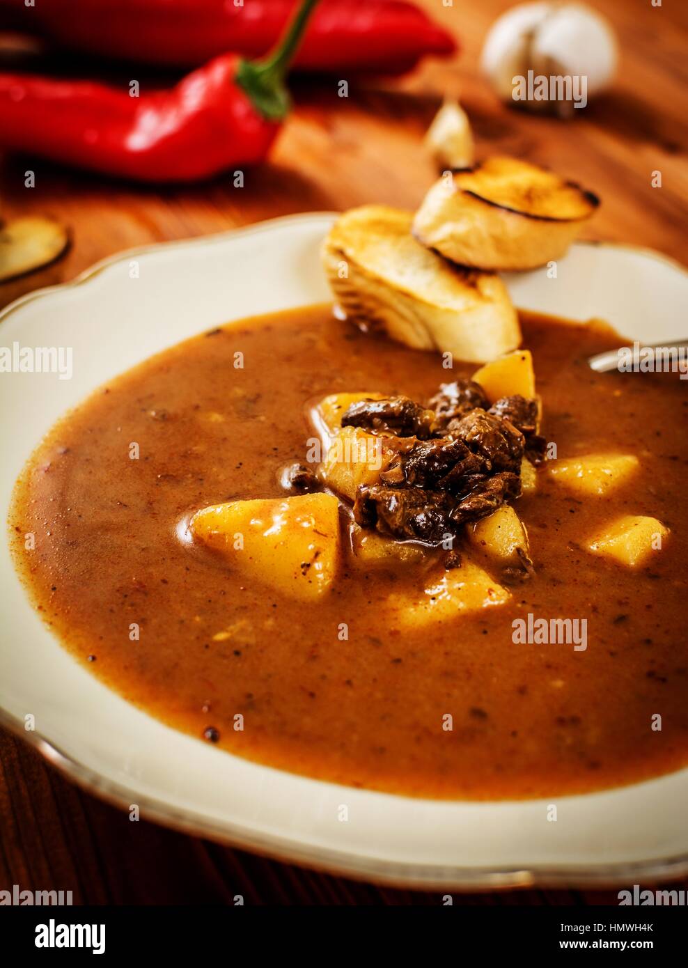 Traditional goulash soup with potatoes and beef meat Stock Photo