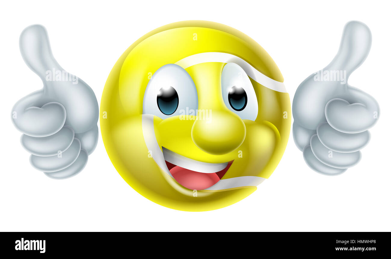 A happy cartoon tennis ball man mascot character doing a double thumbs up Stock Photo