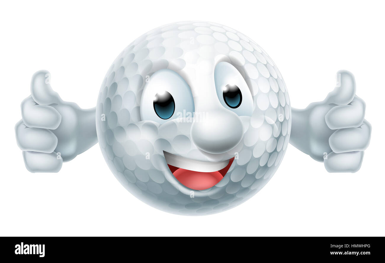 A happy cartoon golf ball man mascot character doing a double thumbs up Stock Photo