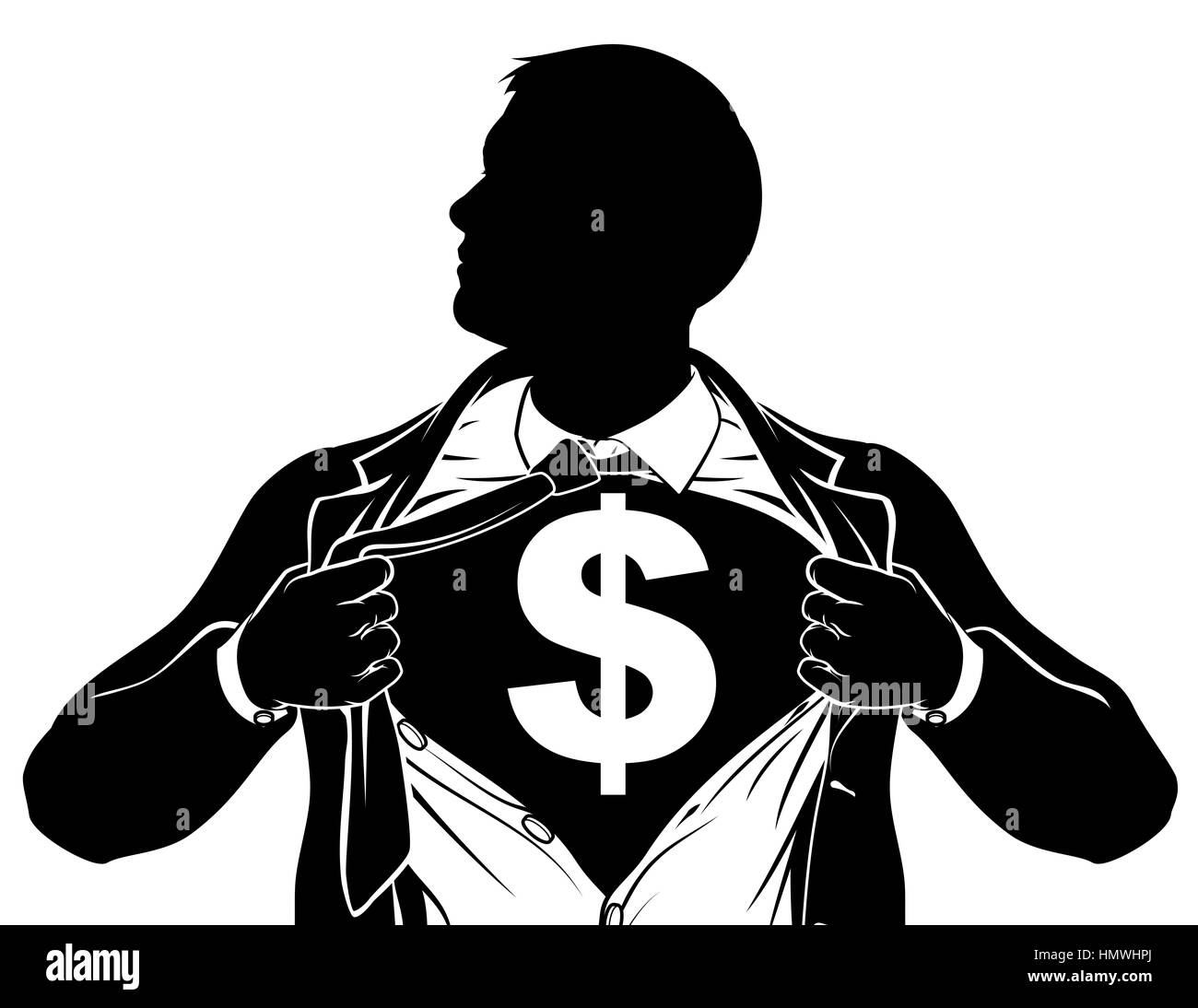 A superhero business man tearing his shirt showing the chest of his costume underneath with a dollar sign Stock Photo