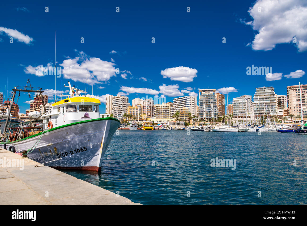 Calpe is a coastal town located in the comarca of Marina Alta, in the province of Alicante, Valencian Community, Spain, by the Mediterranean Sea. Stock Photo