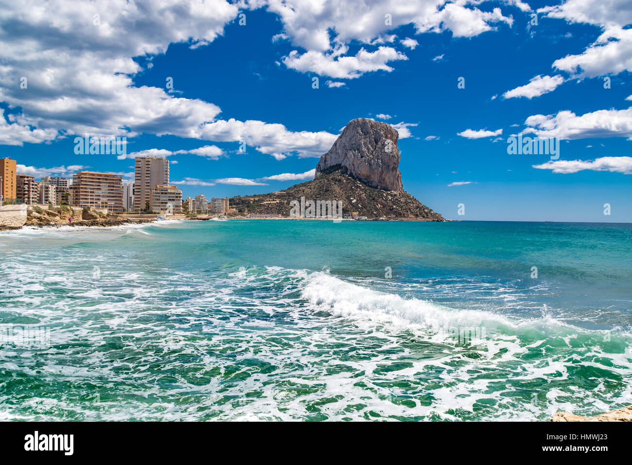 Calpe is a coastal town located in the comarca of Marina Alta, in the province of Alicante, Valencian Community, Spain, by the Mediterranean Sea. Stock Photo