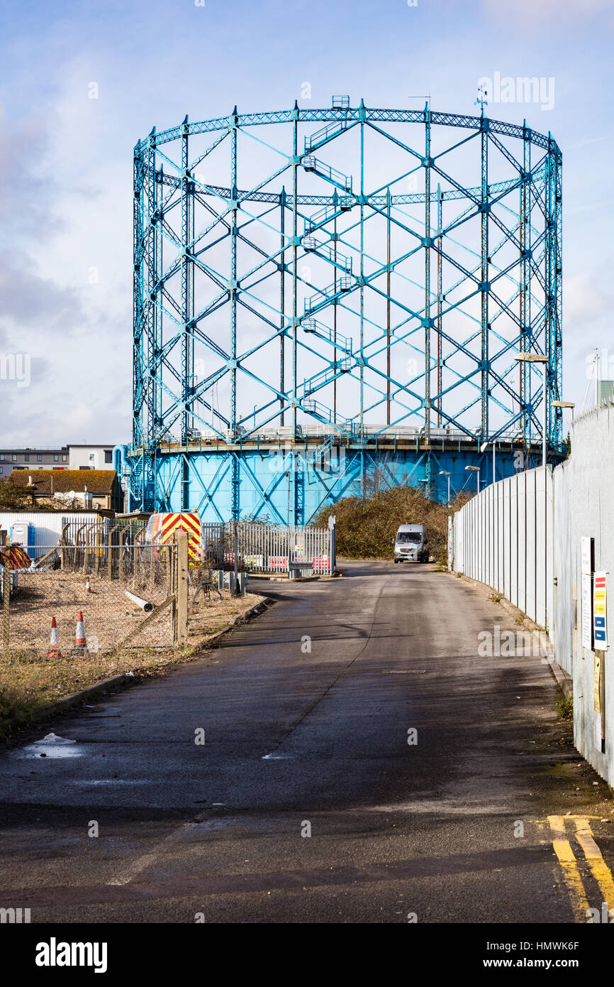 Blue lattice work gas holder next to the Strand, Gillingham, Kent, UK