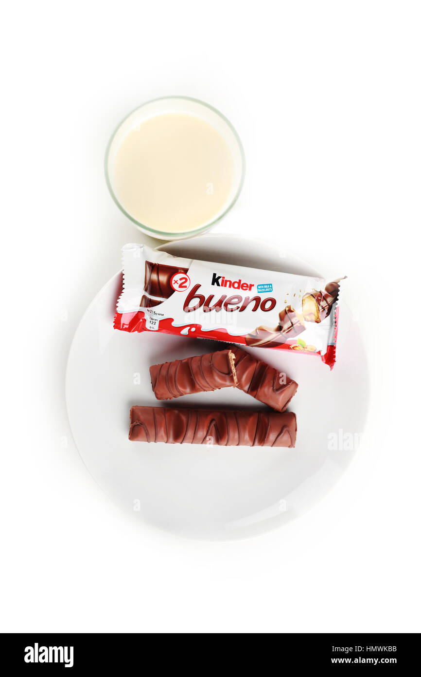 Shah Alam Malaysia February 3 2017 Kinder Bueno Chocolate Bar With A Glass Of Milk Isolated In White Background Ilustrative Editorial Stock Photo Alamy