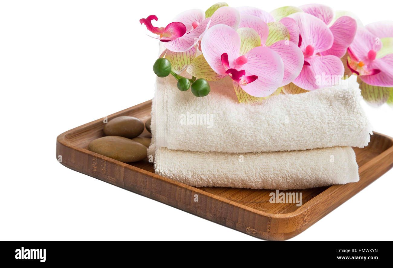 Spa setting still life with orchid flower and towels Stock Photo