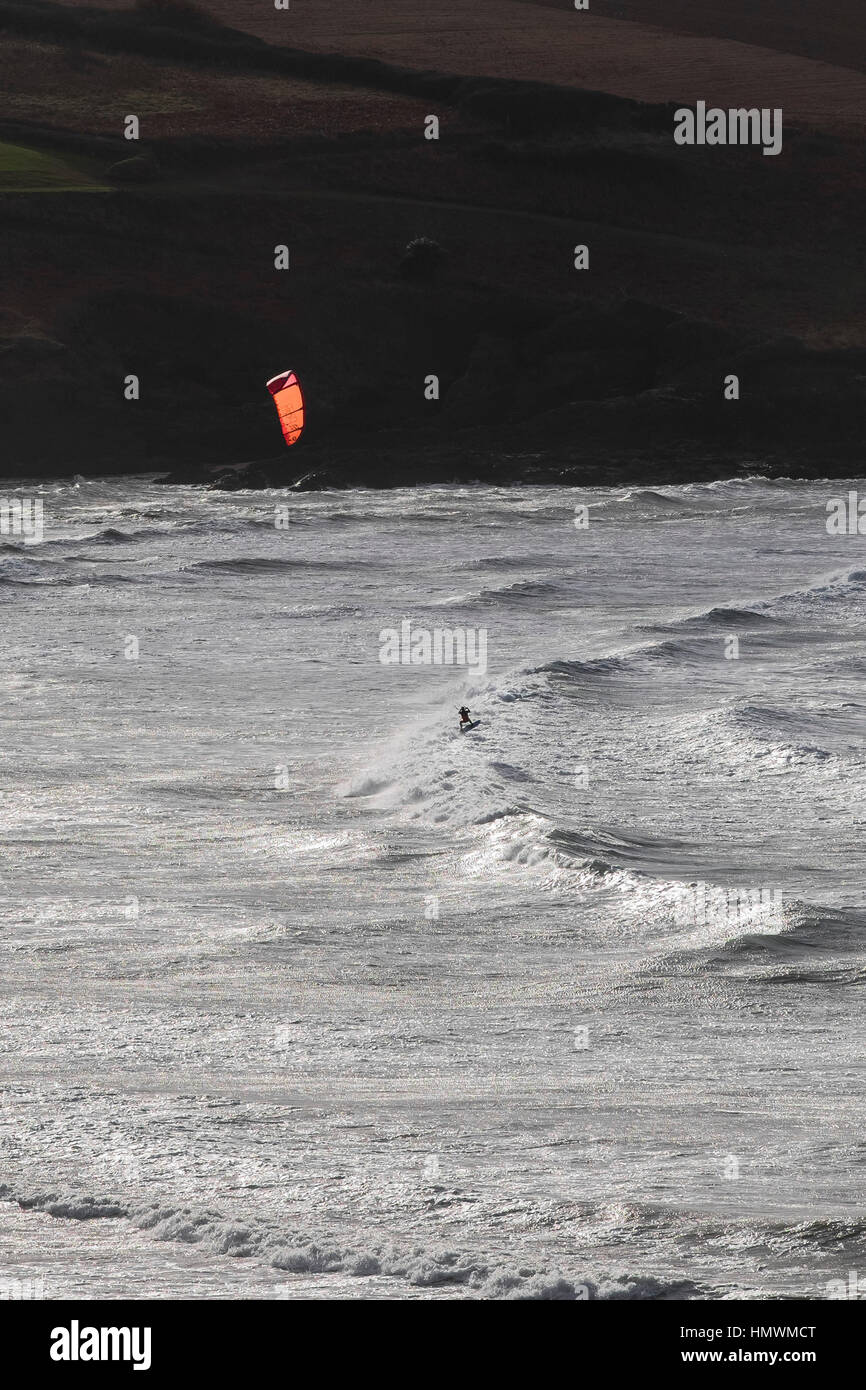 Kite surfer Distance North Cornwall coast Stock Photo