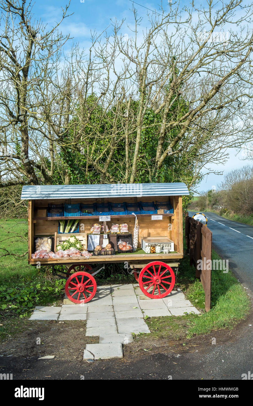 A roadside stall selling fresh vegetables in Cornwall. Stock Photo