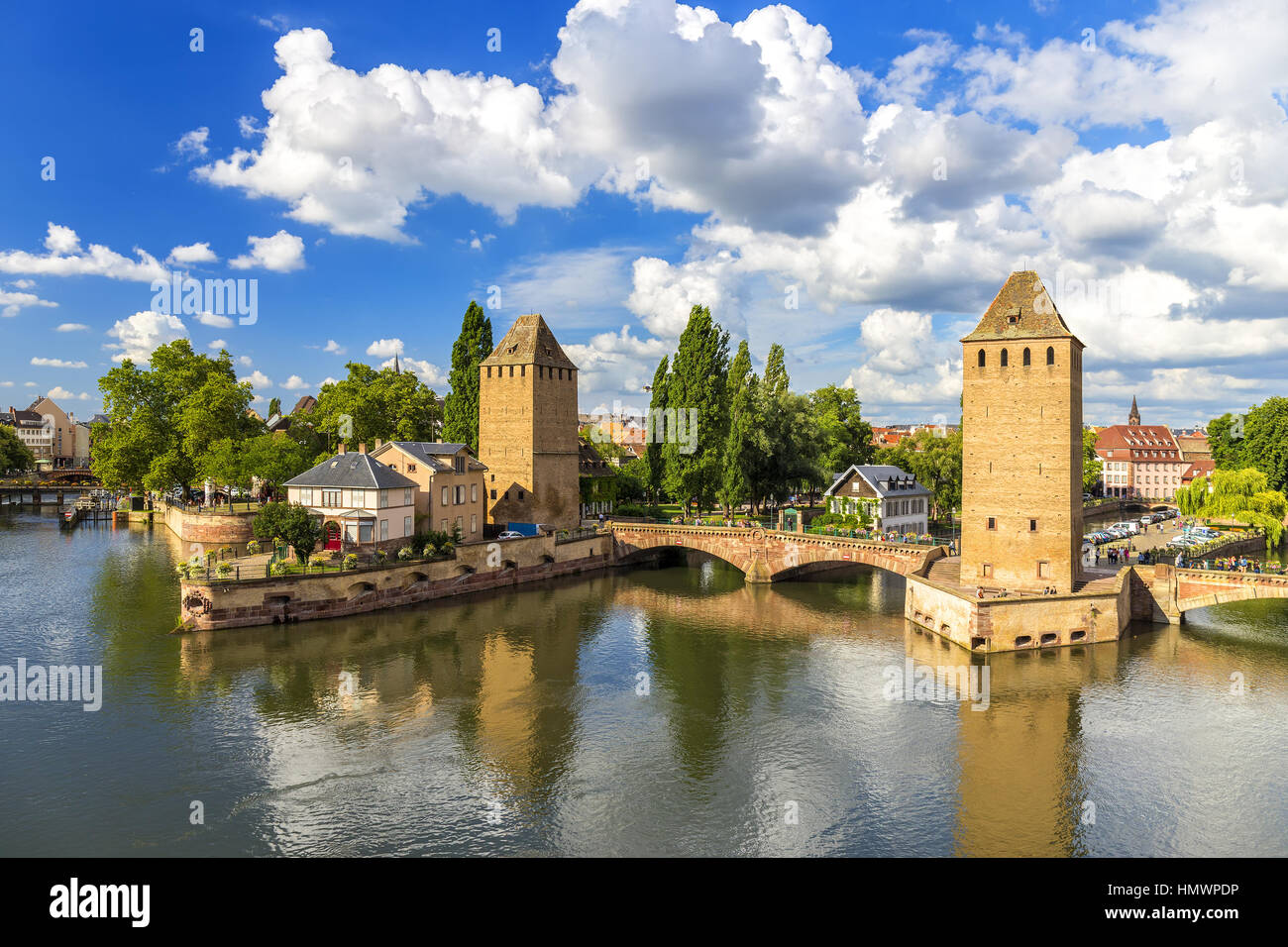 Medieval bridge Ponts Couverts in Strasbourg, Alsace, France under the blue sky. View from Barrage Vauban. Stock Photo