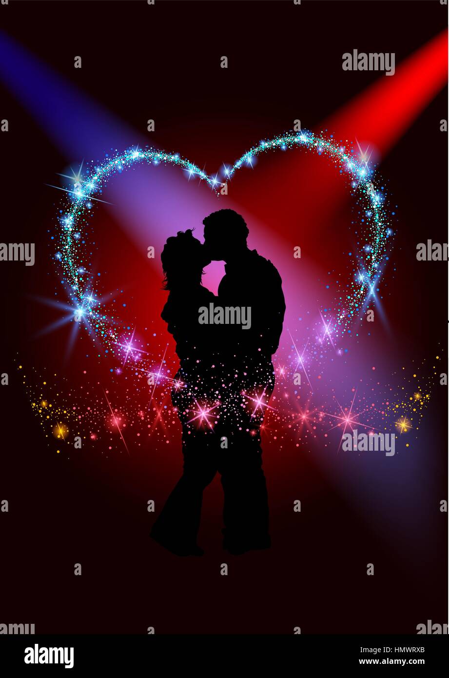 Silhouetted Lovers Inside the Sparkling Heart Stock Vector