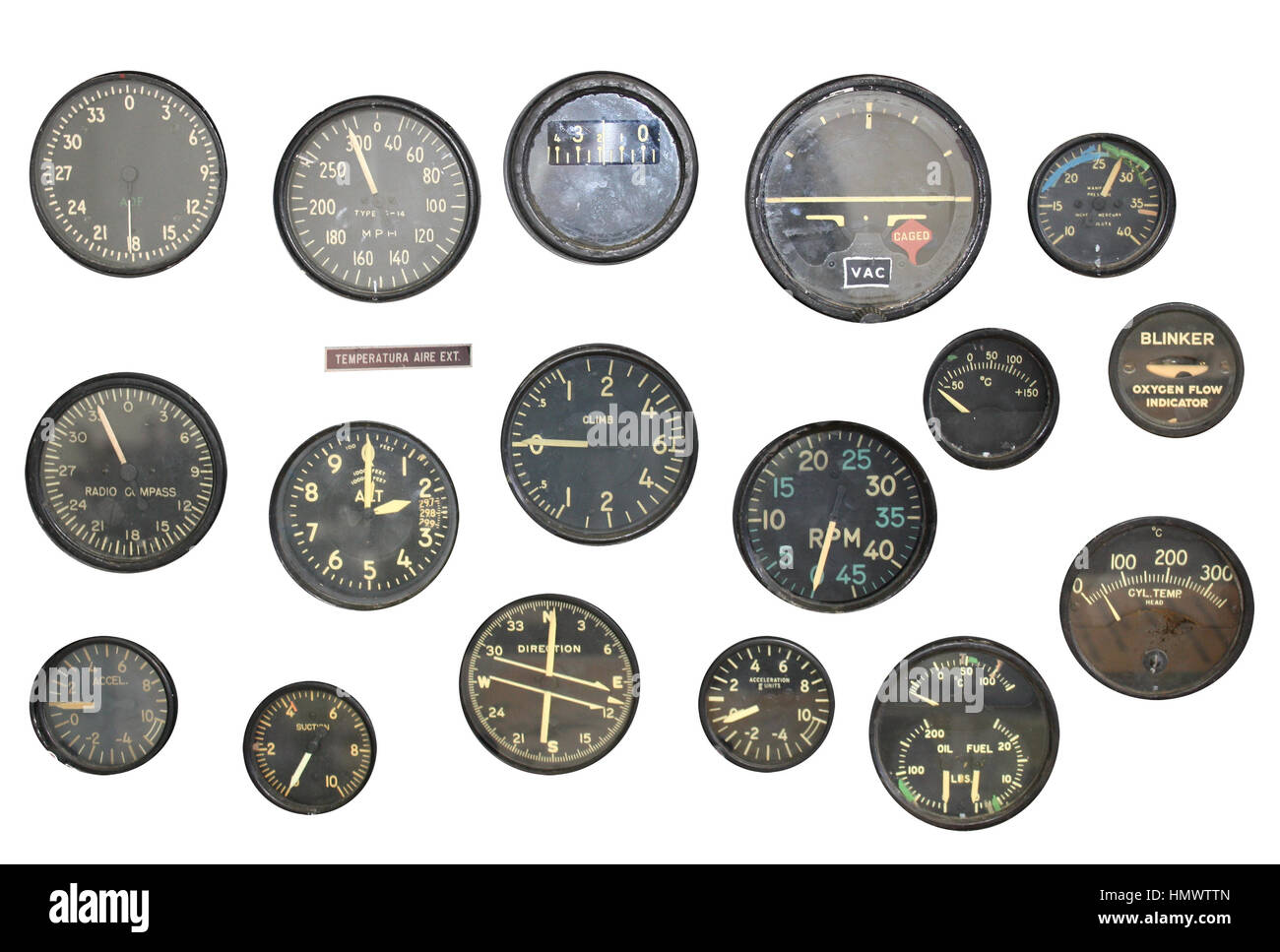 Retro indicators on control panel in a war plane cockpit. Objects isolated on white background Stock Photo