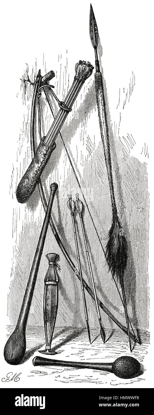 Weapons of Herero People, Southern Africa, Illustration from the book, 'Volkerkunde' by Dr. Fredrich Ratzel, Bibliographisches Institut, Leipzig, 1885 Stock Photo